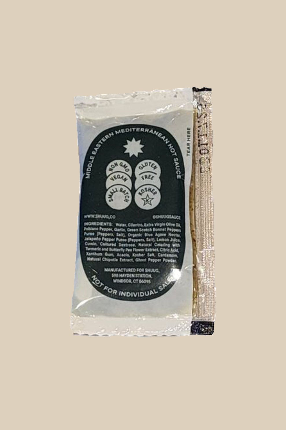 Back of Shuug Original Zhoug Hot Sauce Condiment Package